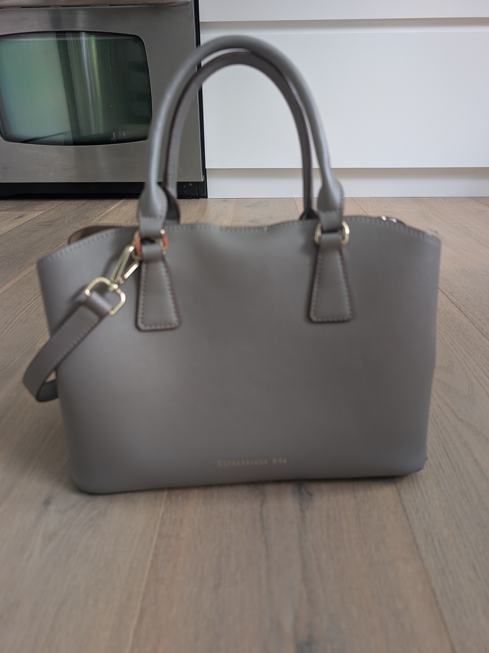 Expressions NYC Structured Taupe Satchel with Gold Accents